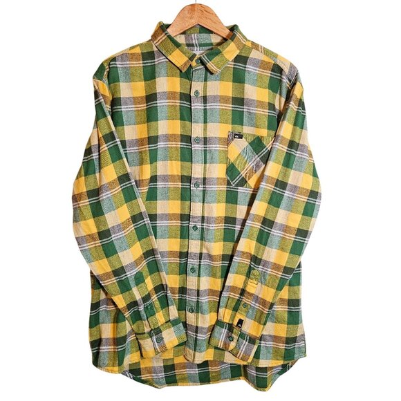 Quiksilver Mens Plaid Flannel Shirt Yellow/Green Long Sleeve Button-Up XL - Picture 1 of 16